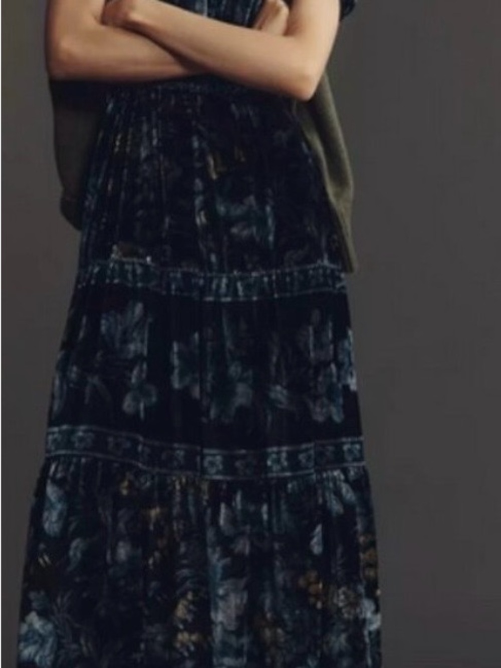 NWT Anthropologie Velvet Floral Somerset Midi Dress in Deep Blue-Black - Picture 5 of 11